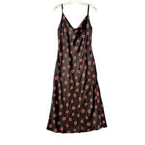 Inspired Hearts Black Red Lipstick Lips Cowl neck Bias Cut Slip Dress Size L